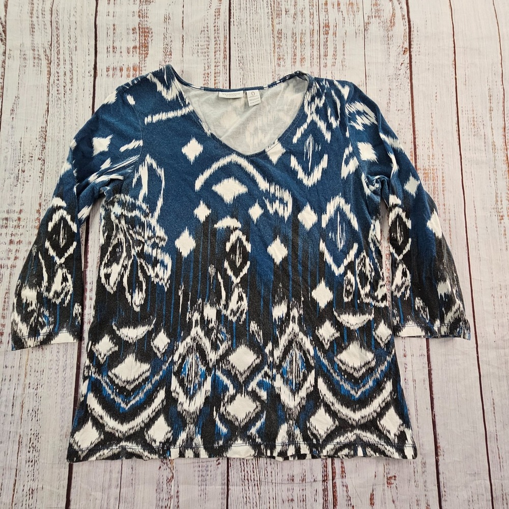 Weekends by Chico's Blue 3/4 Sleeve Cotton Spandex Top Women's 0